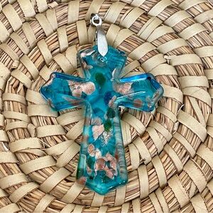 ☀️ Hand Blown Glass Reversible Cross Pendant Murano Multi Color 2.50” 18KGP